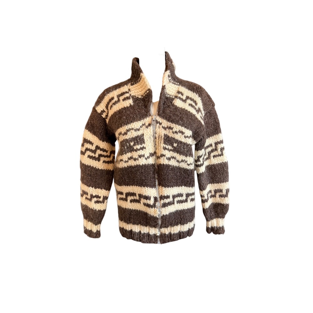 Vintage Cowichan Style Hand Knit Wool Full Zip Cardigan Sweater Brown Cream